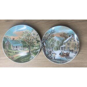 2 Currier Ives Plate Winter Spring Wall Hanging Plates Pastel Farm Country Horse